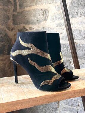Louis Vuitton Black Suede Gold Flame Open Toe Booties